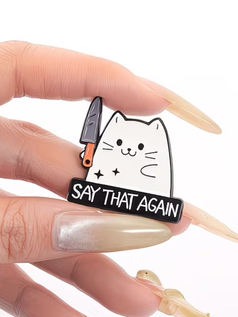 ❤️ Cute Cat with Knife Enamel Pin - White